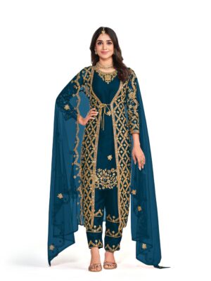 latest blue net based straight suit with traditional thread embroidery and real mirror work finish, shreematee fashion's beautiful suit collection