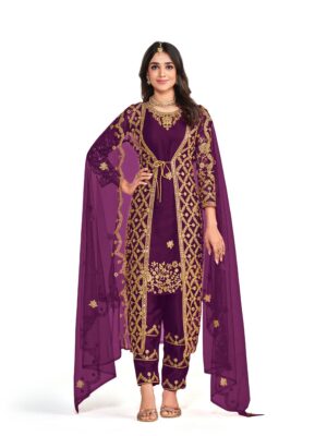 latest purple net based straight suit with traditional thread embroidery and real mirror work finish, shreematee fashion's beautiful suit collection