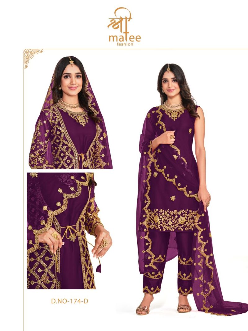 latest purple net based straight suit with traditional thread embroidery and real mirror work finish, shreematee fashion's beautiful suit collection