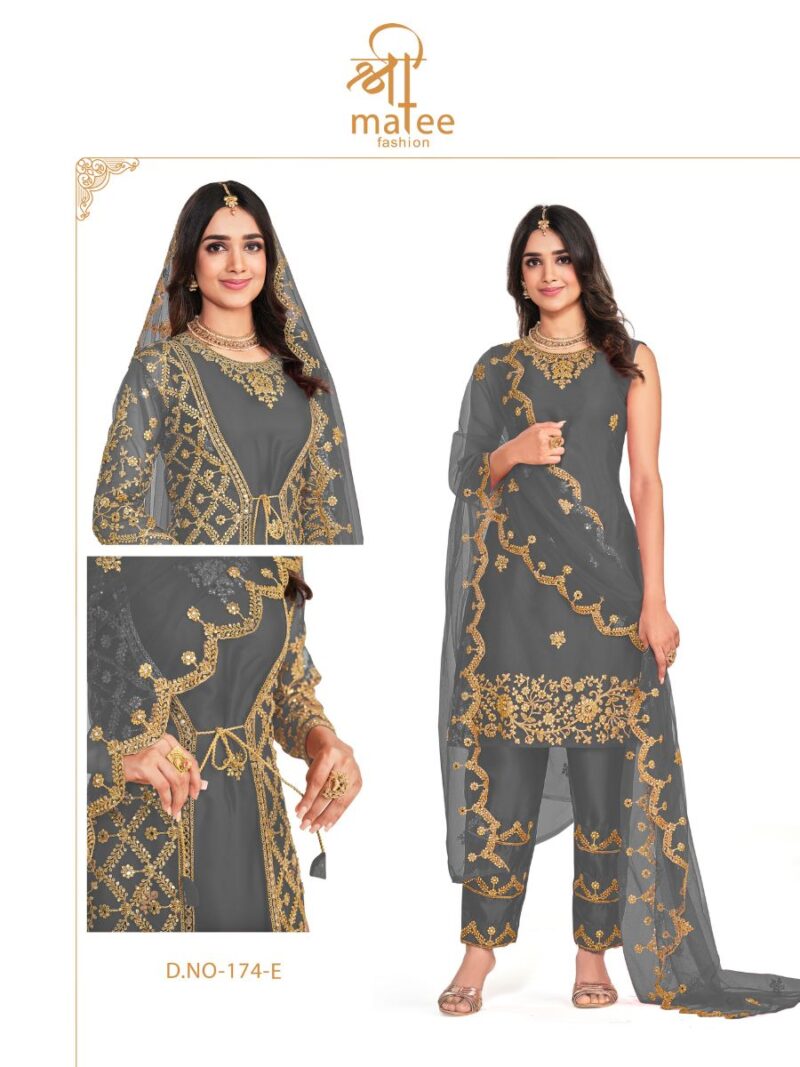 latest grey net based straight suit with traditional thread embroidery and real mirror work finish, shreematee fashion's beautiful suit collection