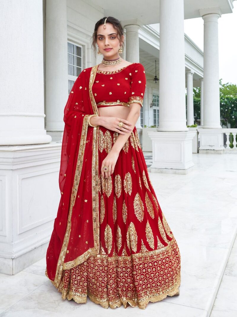 new red shreematee fashion lehenga choli collection, lehenga made with georgette fabric and sequin embroidery work finish